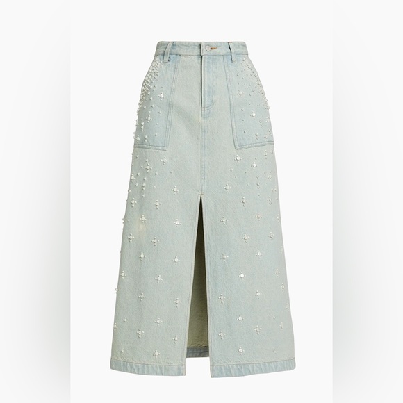 Sea Light Blue Embroidered Denim Midi Skirt - Picture 2 of 15